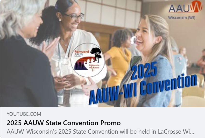 Image of 3 women standing and talking with the text "2025 AAUW-WI Convention"